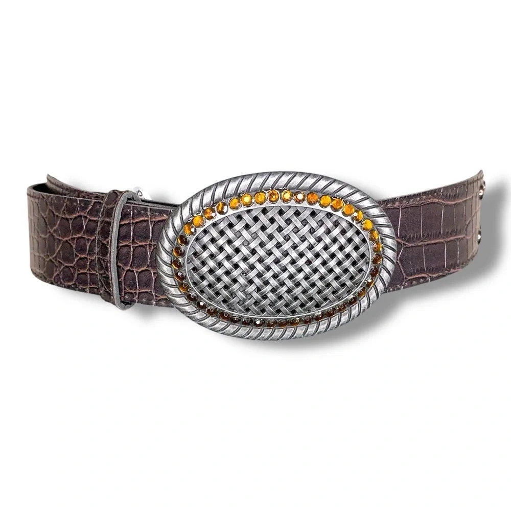 Size 14 Belt Rhinestone Brown Faux Leather Silver Buckle Western Woven Look